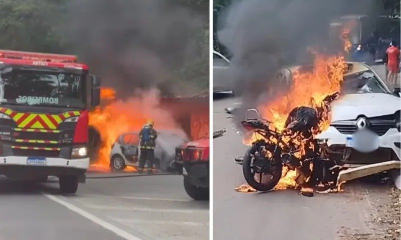 Veículos pegam fogo e motociclista é socorrido em estado grave após acidente no ES