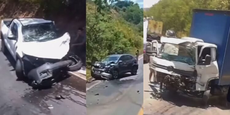 Acidente entre caminhão e quatro carros interdita BR-101 em Fundão