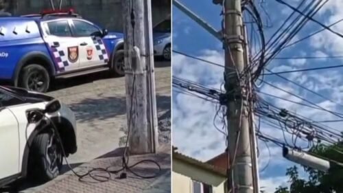 Motorista faz “gato” de energia para carregar carro elétrico em Vitória