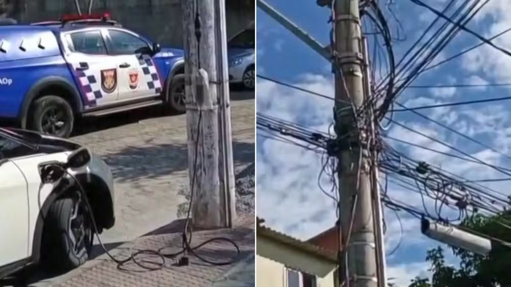 Motorista faz “gato” de energia para carregar carro elétrico em Vitória