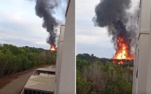 Incêndio de grandes proporções atinge galpão do arquivo do Tribunal de Justiça na Serra